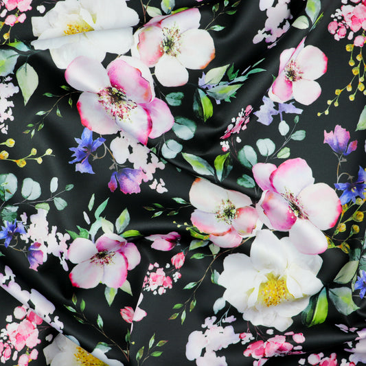 FS1089 Floral Petunia Scuba Stretch Fabric | Fabric | black, fabric, fashion, fashion fabric, floral, Flower, flowers, petals, scuba, scuba fabric, Small Flowers, Stretch, Stretchy | Fabric Styles