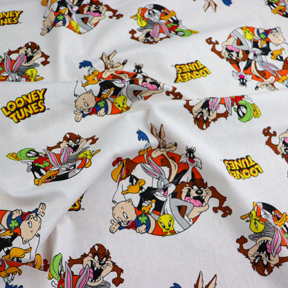 FS828_2 That’s All Folks Looney Tunes Cotton Fabric White | Fabric | Blue, Brand, Branded, Bugs, Bugs Bunney, Bunney, Children, Cotton, drape, Fabric, fashion fabric, hero, Kids, logo, Looney Tunes, making, Navy, Tazmania | Fabric Styles