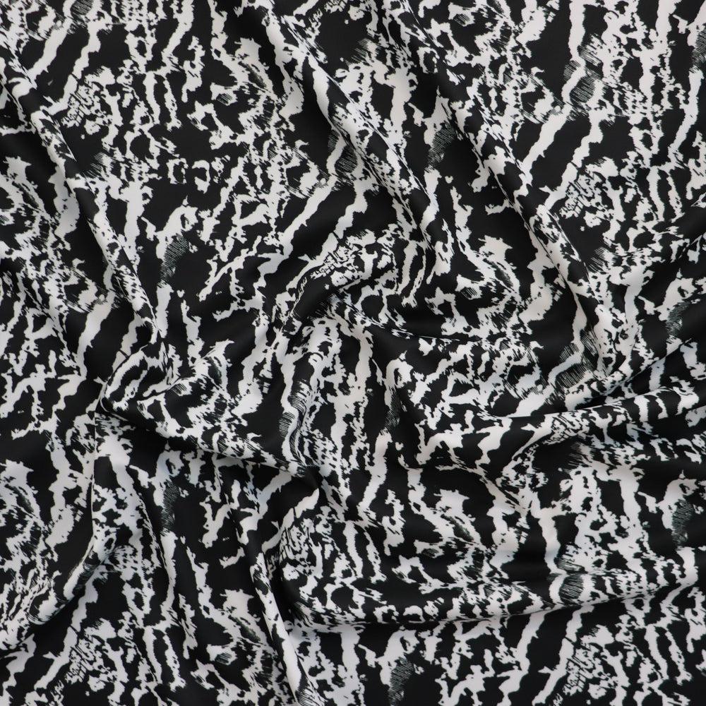 FS1156 Black Abstract Monochrome Scuba Stretch Fabric | Fabric | Black, Black and White, drape, Fabric, fashion fabric, marble, Marble Effect, Mono, Monochrome, Scuba, sewing, Stretchy, tie dye, White | Fabric Styles