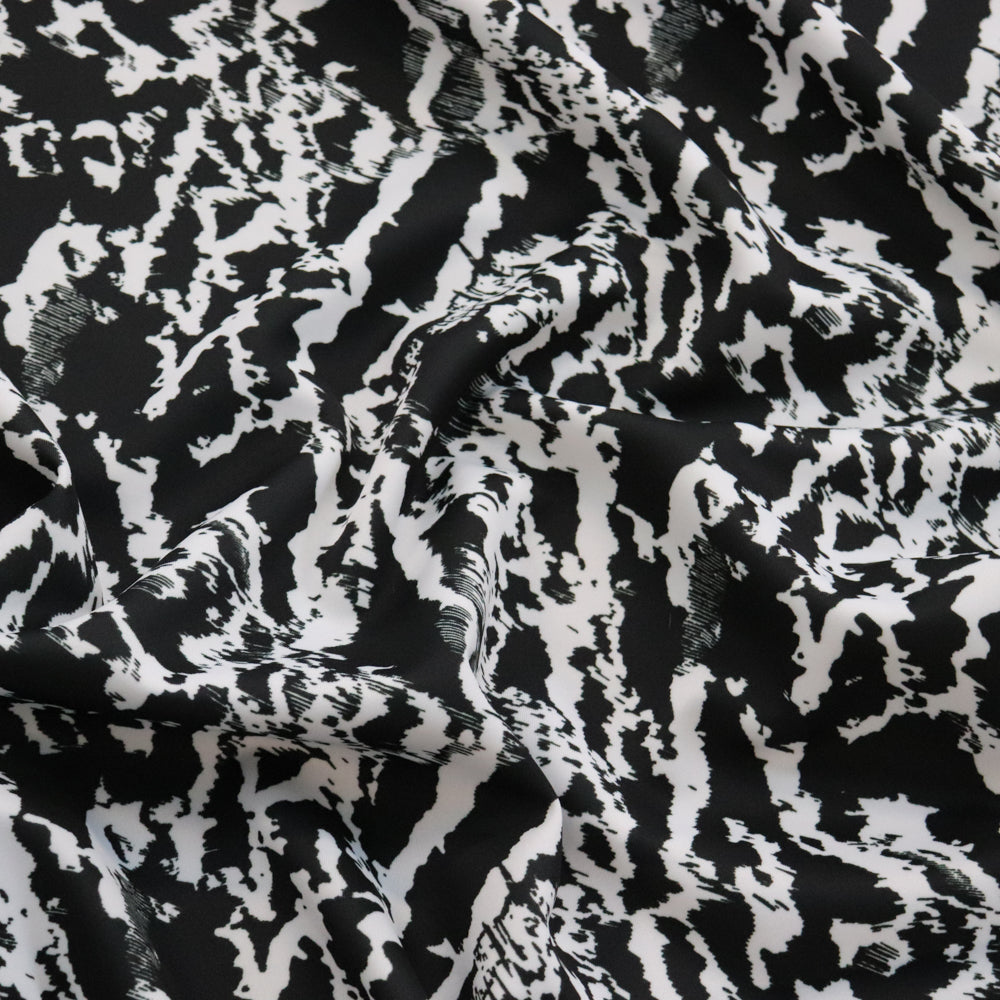 FS1156 Black Abstract Monochrome Scuba Stretch Fabric | Fabric | Black, Black and White, drape, Fabric, fashion fabric, marble, Marble Effect, Mono, Monochrome, Scuba, sewing, Stretchy, tie dye, White | Fabric Styles