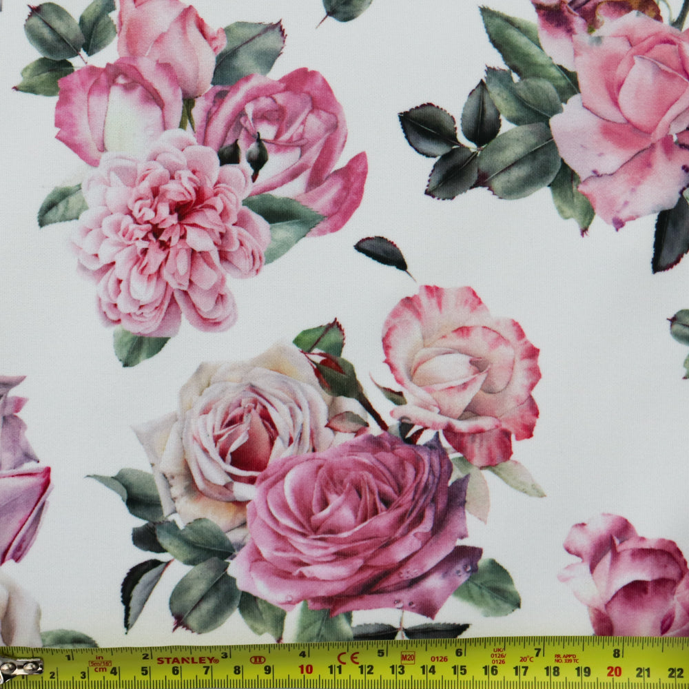 FS1174 Pink Rose Floral Print Scuba Stretch Knit Fabric | Fabric | black, fabric, fashion, fashion fabric, floral, Flower, flowers, New, petals, scuba, scuba fabric, Small Flowers, Stretch, Stretchy | Fabric Styles