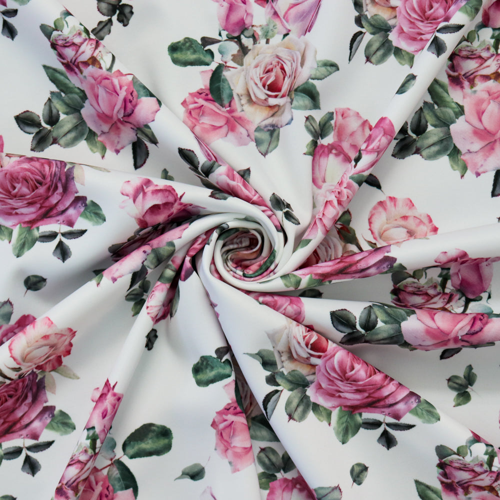 FS1174 Pink Rose Floral Print Scuba Stretch Knit Fabric | Fabric | black, fabric, fashion, fashion fabric, floral, Flower, flowers, New, petals, scuba, scuba fabric, Small Flowers, Stretch, Stretchy | Fabric Styles