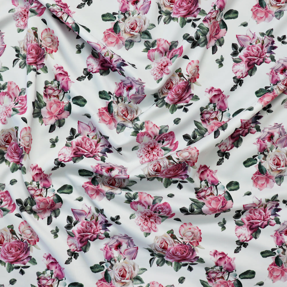 FS1174 Pink Rose Floral Print Scuba Stretch Knit Fabric | Fabric | black, fabric, fashion, fashion fabric, floral, Flower, flowers, New, petals, scuba, scuba fabric, Small Flowers, Stretch, Stretchy | Fabric Styles