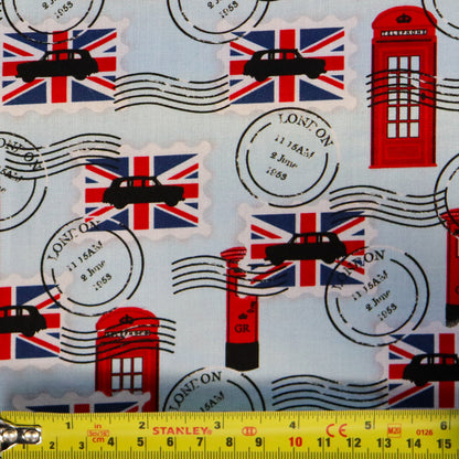 FS1172 Happy & Glorious Stamps Cotton Fabric Blue | Fabric | 100% Cotton, Animal, Animals, Bunting, Cotton, Crown, drape, Fabric, fashion fabric, Happy & Glorious, London, making, New, Party, Party Time, sewing, Union Flag, United kingdom | Fabric Styles