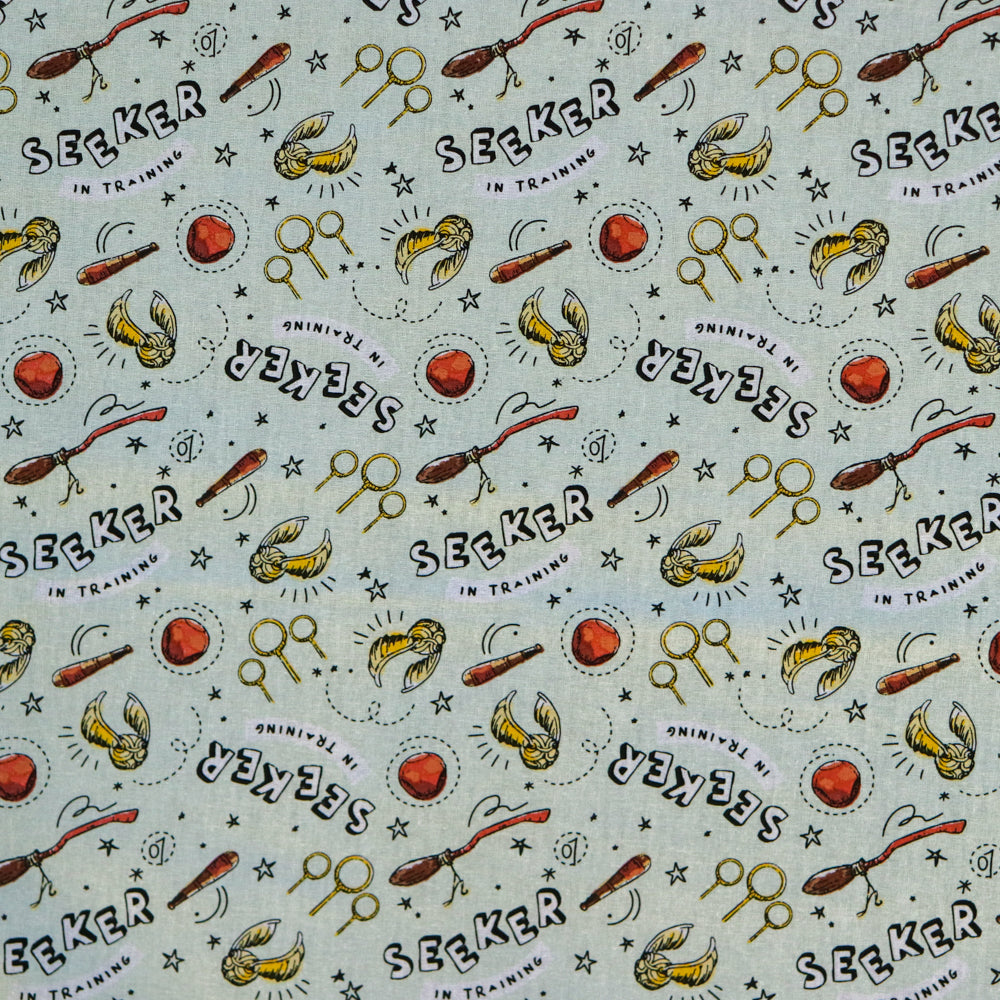 FS635_26 Harry Potter – Seeker in Training Sage Cotton Fabric | Fabric | Broomstick, Children, Cotton, Fabric, FS635, Harry Potter, Hogwarts, licensed, New, Seeker, Training, witch | Fabric Styles