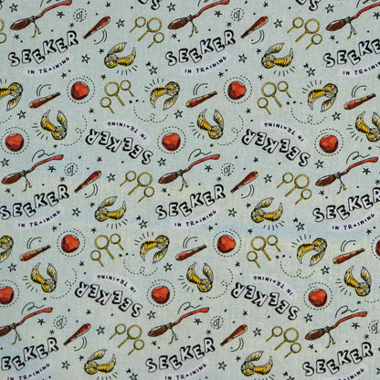 FS635_26 Harry Potter – Seeker in Training Sage Cotton Fabric | Fabric | Broomstick, Children, Cotton, Fabric, FS635, Harry Potter, Hogwarts, licensed, New, Seeker, Training, witch | Fabric Styles