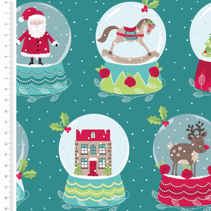 FS1162 Christmas Santa Snowglobes Cotton Fabric Green | Fabric | 100% Cotton, Christmas, Cotton, drape, Fabric, face, fashion fabric, Hat, making, Reindeer, sewing, Sledge, sleigh, Snake, Snow, Snowflake, snowflakes, Snowing, Snowman, Snowmen, Stars, xmas | Fabric Styles