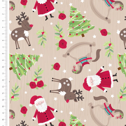 FS1161 Christmas Santa Snowglobes Friends Cotton Fabric Brown | Fabric | 100% Cotton, Christmas, Cotton, drape, Fabric, face, fashion fabric, Hat, making, Reindeer, sewing, Sledge, sleigh, Snake, Snow, Snowflake, snowflakes, Snowing, Snowman, Snowmen, Stars, xmas | Fabric Styles