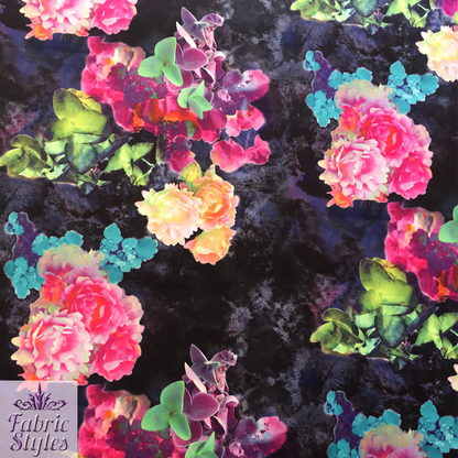 FS004_2 Bright Floral Scuba Fabric | Fabric | Black, Dress, Fabric, Floral, Flowers, Material, Pink, Print, Printed Fabric, Purple, Scuba, Splash, Stretch, summer, Swim, Tie Dye | Fabric Styles