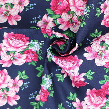 FS819_2 Navy Floral Cotton Poplin | Fabric | Button, Buttons, Cotton, Cotton Poplin, drape, Fabric, fashion fabric, Floral, Flower, Kids, limited, making, Rose, Roses, Sale, sewing, Skirt | Fabric Styles