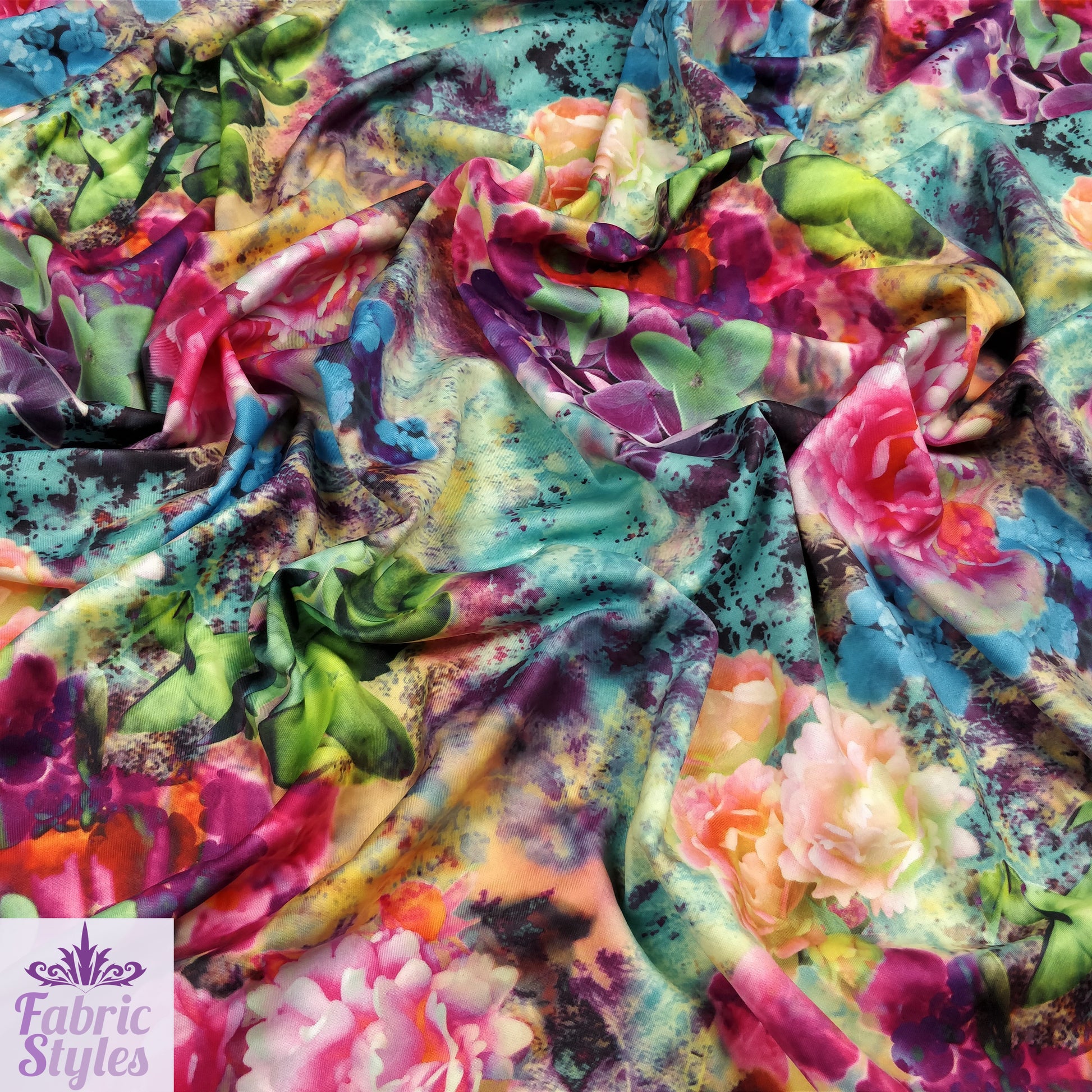 FS004_1 Pink Purple Summer Floral Print Scuba Fabric | Fabric Styles