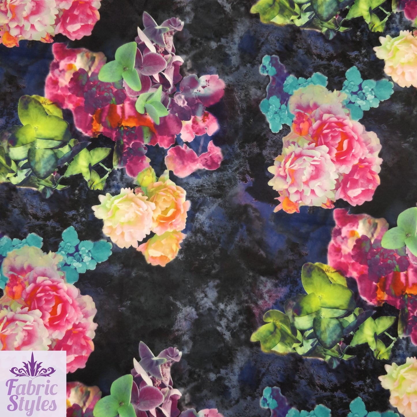 FS004_2 Bright Floral Scuba Fabric | Fabric | Black, Dress, Fabric, Floral, Flowers, Material, Pink, Print, Printed Fabric, Purple, Scuba, Splash, Stretch, summer, Swim, Tie Dye | Fabric Styles