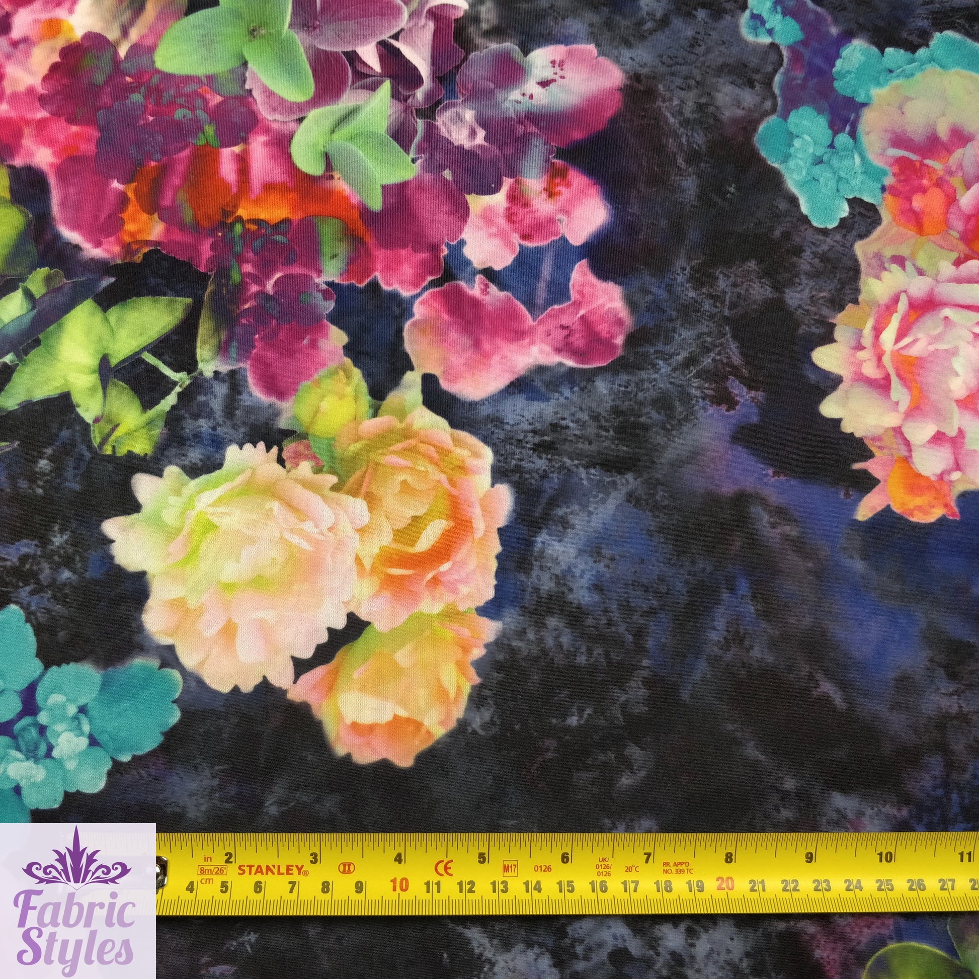 FS004_2 Bright Floral Scuba Fabric | Fabric | Black, Dress, Fabric, Floral, Flowers, Material, Pink, Print, Printed Fabric, Purple, Scuba, Splash, Stretch, summer, Swim, Tie Dye | Fabric Styles