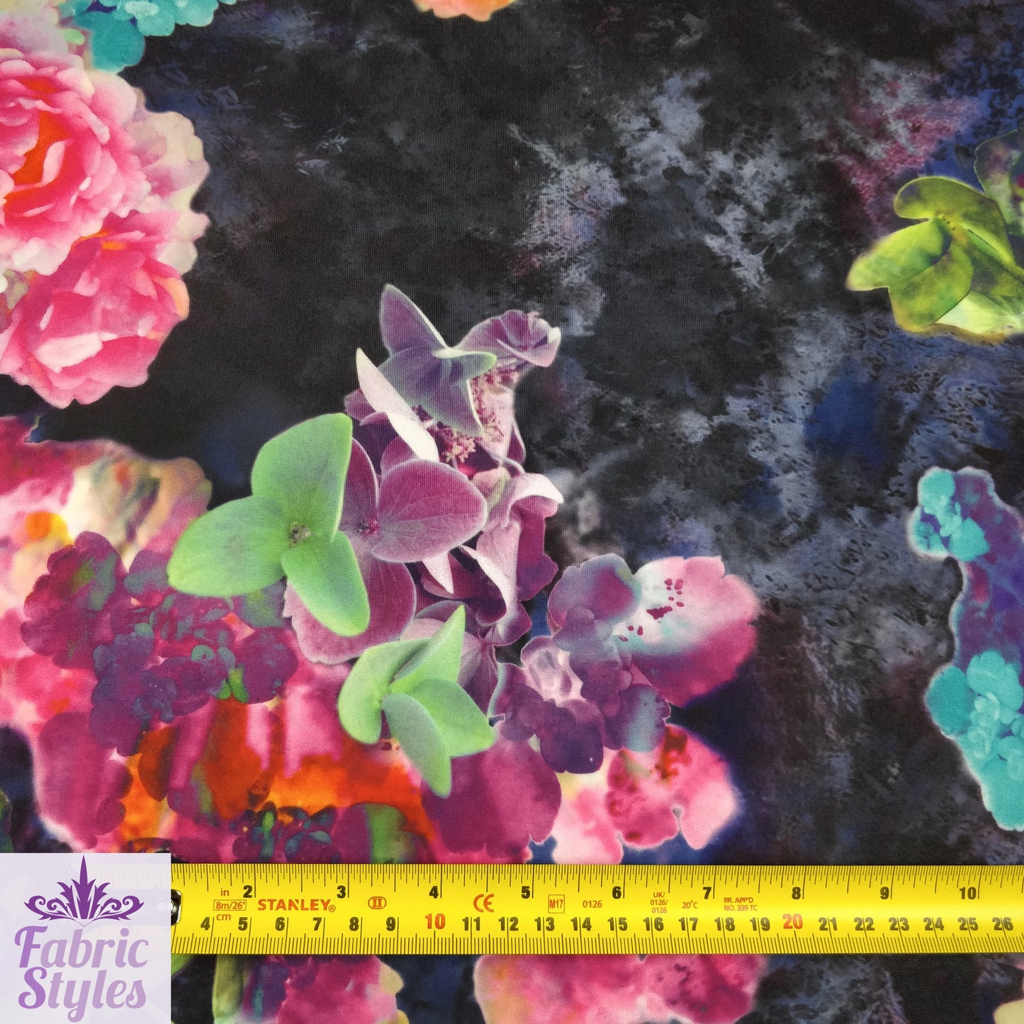 FS004_2 Bright Floral Scuba Fabric | Fabric | Black, Dress, Fabric, Floral, Flowers, Material, Pink, Print, Printed Fabric, Purple, Scuba, Splash, Stretch, summer, Swim, Tie Dye | Fabric Styles