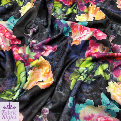 FS004_2 Bright Floral Scuba Fabric | Fabric | Black, Dress, Fabric, Floral, Flowers, Material, Pink, Print, Printed Fabric, Purple, Scuba, Splash, Stretch, summer, Swim, Tie Dye | Fabric Styles