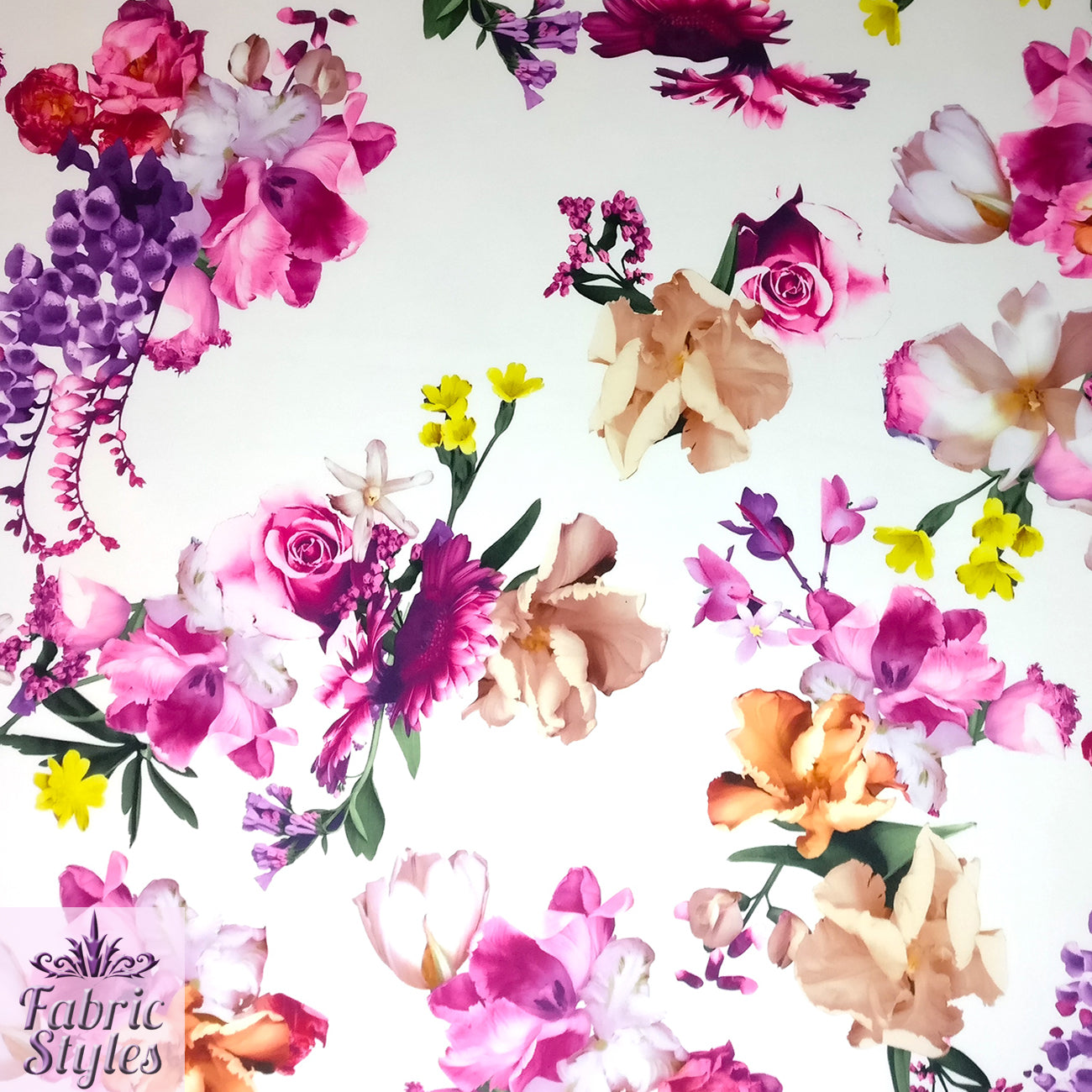 FS095 Floral Bouquet Stretch Knit Fabric White Pink Yellow | Fabric | drape, Fabric, fashion fabric, Floral, Flower, Flowers, Ivory, making, Pink, Rose, Scuba, sewing, Stretchy, White, Yellow | Fabric Styles