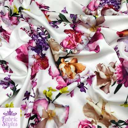 FS095 Floral Bouquet Stretch Knit Fabric White Pink Yellow | Fabric | drape, Fabric, fashion fabric, Floral, Flower, Flowers, Ivory, making, Pink, Rose, Scuba, sewing, Stretchy, White, Yellow | Fabric Styles