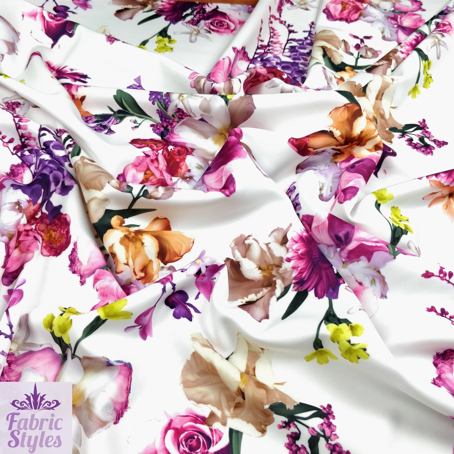 FS095 Floral Bouquet Stretch Knit Fabric White Pink Yellow | Fabric | drape, Fabric, fashion fabric, Floral, Flower, Flowers, Ivory, making, Pink, Rose, Scuba, sewing, Stretchy, White, Yellow | Fabric Styles