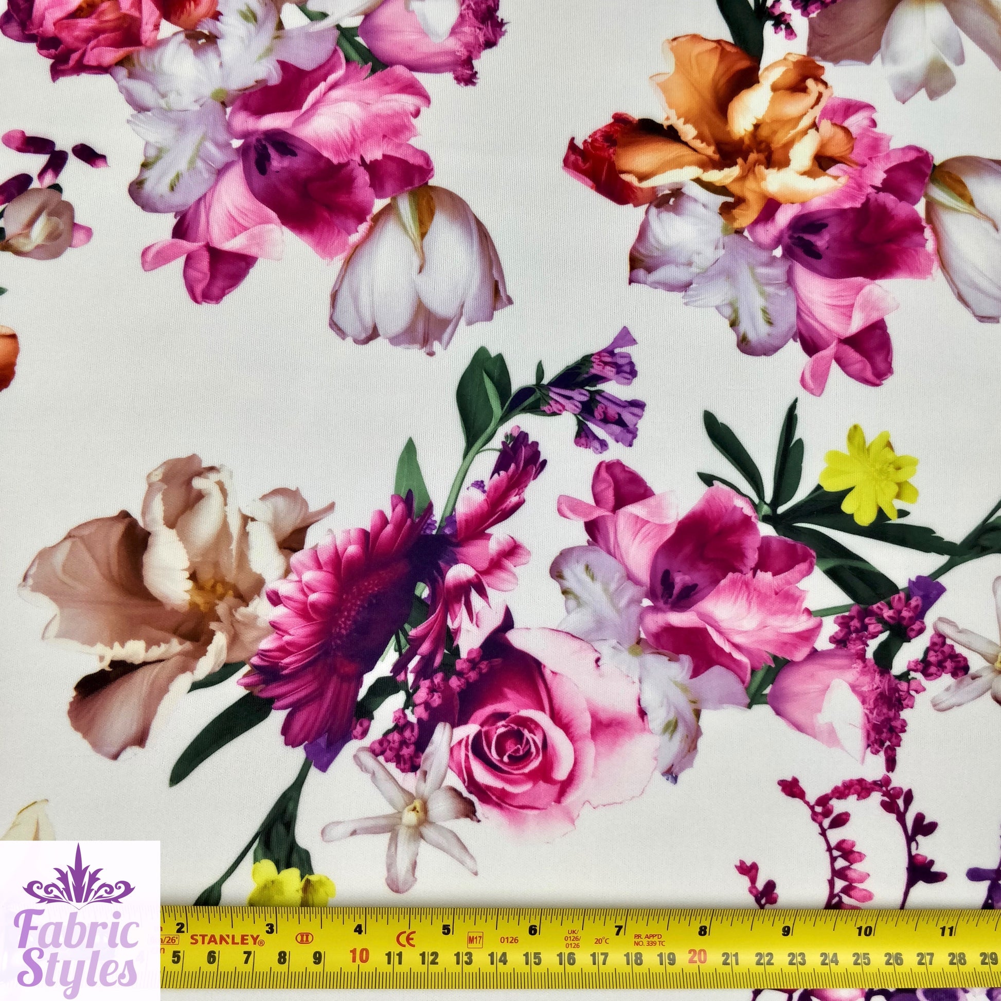 FS095 Floral Bouquet Stretch Knit Fabric White Pink Yellow | Fabric | drape, Fabric, fashion fabric, Floral, Flower, Flowers, Ivory, making, Pink, Rose, Scuba, sewing, Stretchy, White, Yellow | Fabric Styles