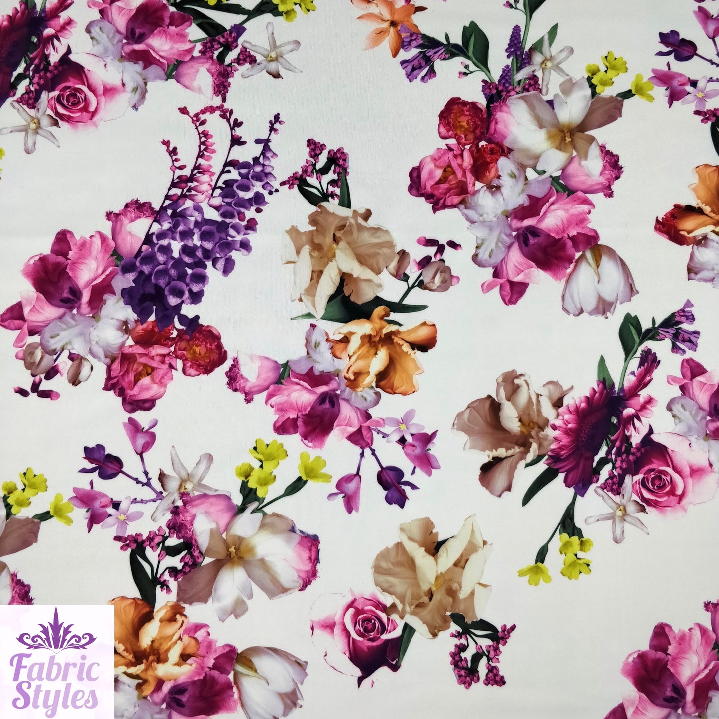 FS095 Floral Bouquet Stretch Knit Fabric White Pink Yellow | Fabric | drape, Fabric, fashion fabric, Floral, Flower, Flowers, Ivory, making, Pink, Rose, Scuba, sewing, Stretchy, White, Yellow | Fabric Styles