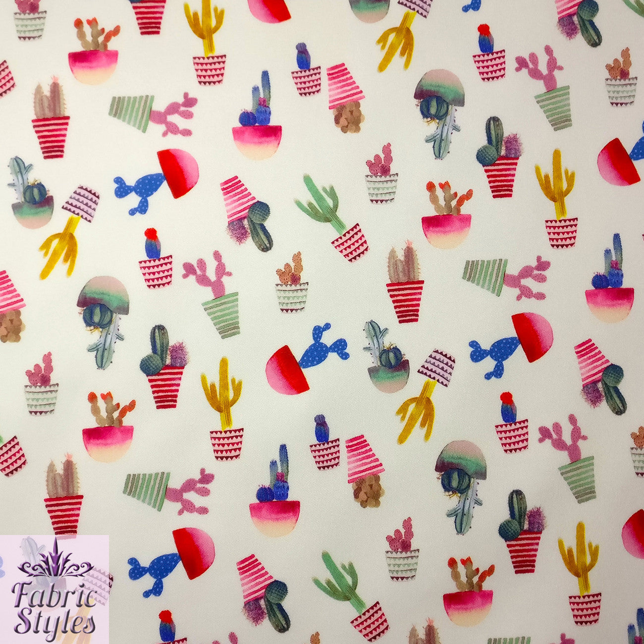 FS096 Cactus Stretch Knit Fabric White | Fabric | cactus, Colourful, drape, Fabric, fashion fabric, floral, Flower, making, Multicolour, Scuba, sewing, Stretchy, White | Fabric Styles