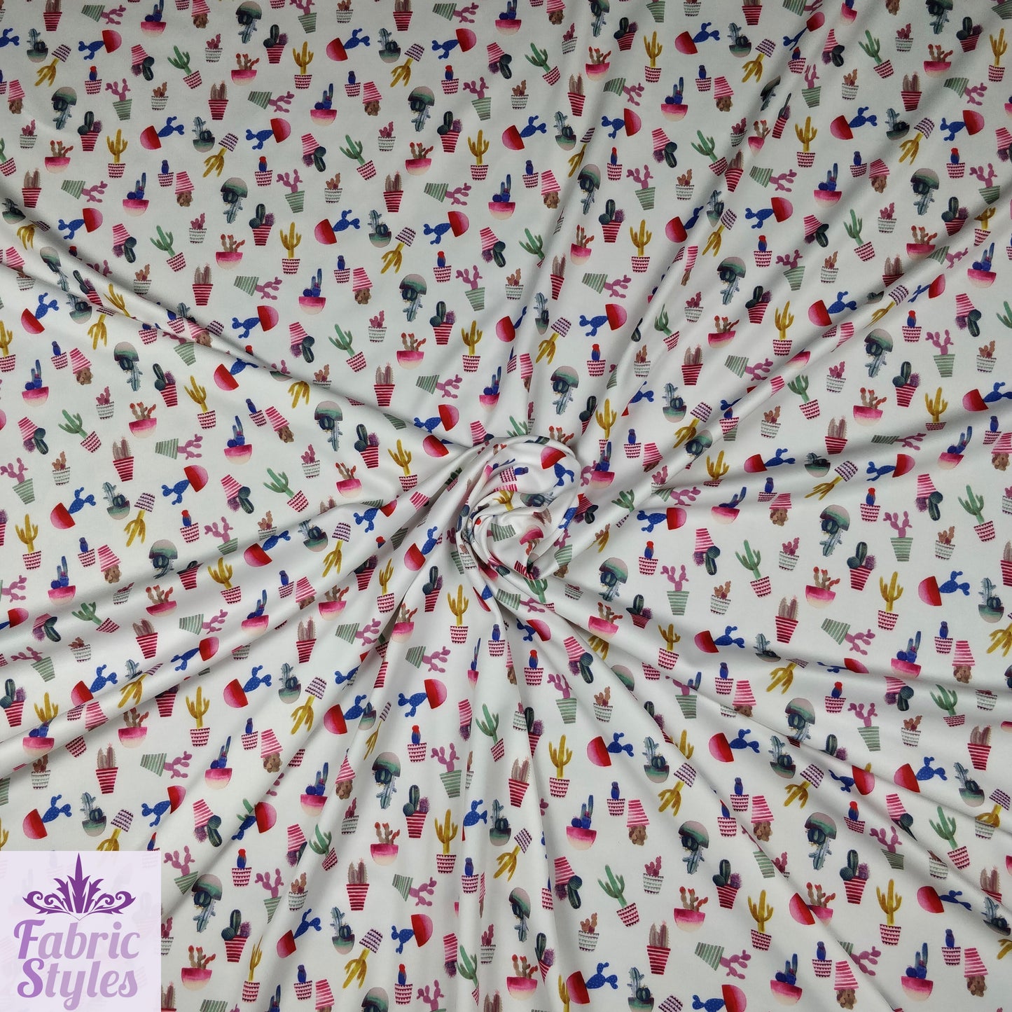 FS096 Cactus Stretch Knit Fabric White | Fabric | cactus, Colourful, drape, Fabric, fashion fabric, floral, Flower, making, Multicolour, Scuba, sewing, Stretchy, White | Fabric Styles