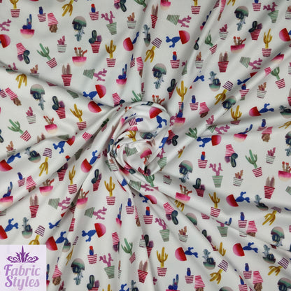 FS096 Cactus Stretch Knit Fabric White | Fabric | cactus, Colourful, drape, Fabric, fashion fabric, floral, Flower, making, Multicolour, Scuba, sewing, Stretchy, White | Fabric Styles