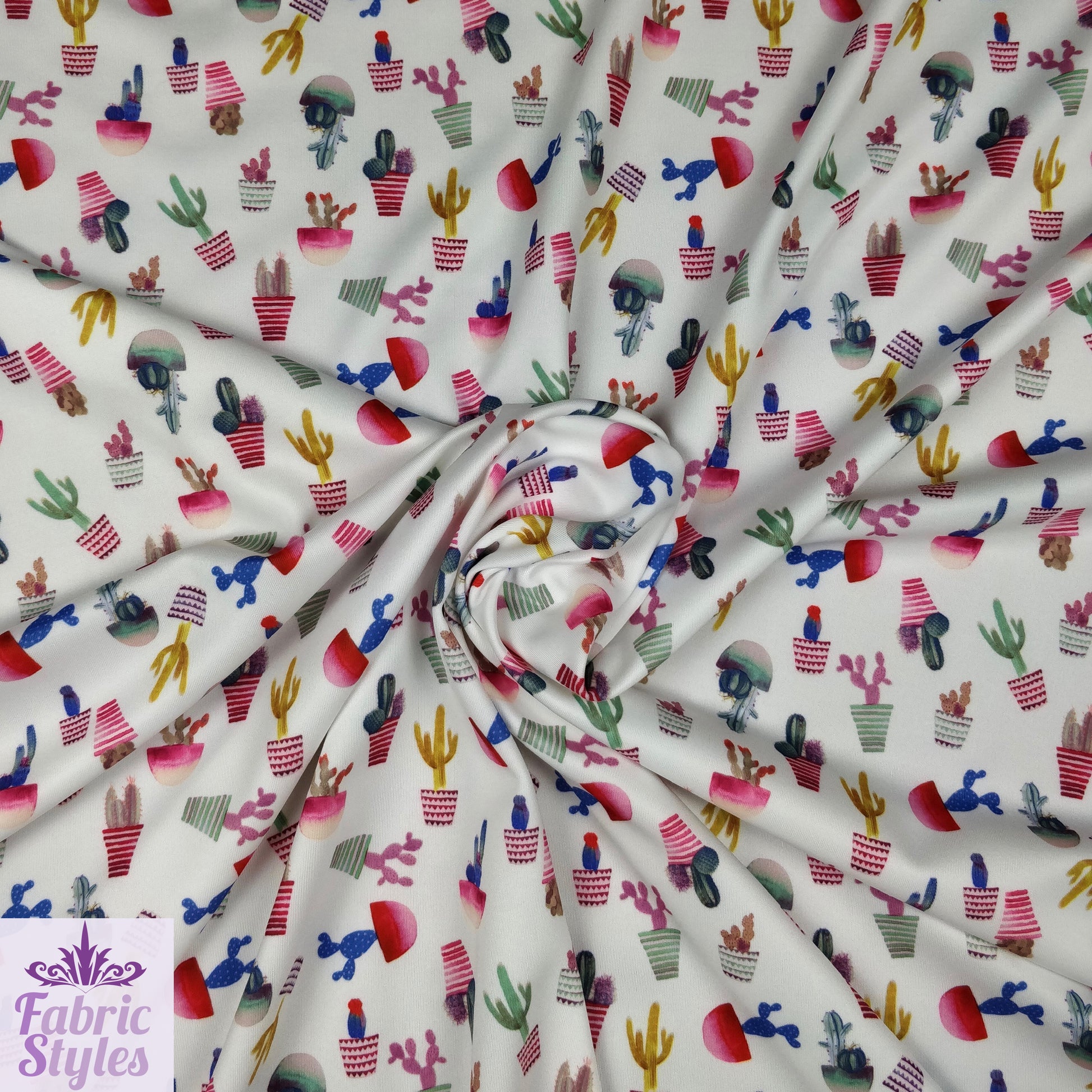 FS096 Cactus Stretch Knit Fabric White | Fabric | cactus, Colourful, drape, Fabric, fashion fabric, floral, Flower, making, Multicolour, Scuba, sewing, Stretchy, White | Fabric Styles