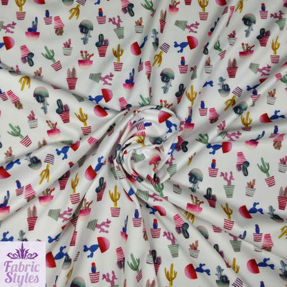 FS096 Cactus Stretch Knit Fabric White | Fabric | cactus, Colourful, drape, Fabric, fashion fabric, floral, Flower, making, Multicolour, Scuba, sewing, Stretchy, White | Fabric Styles