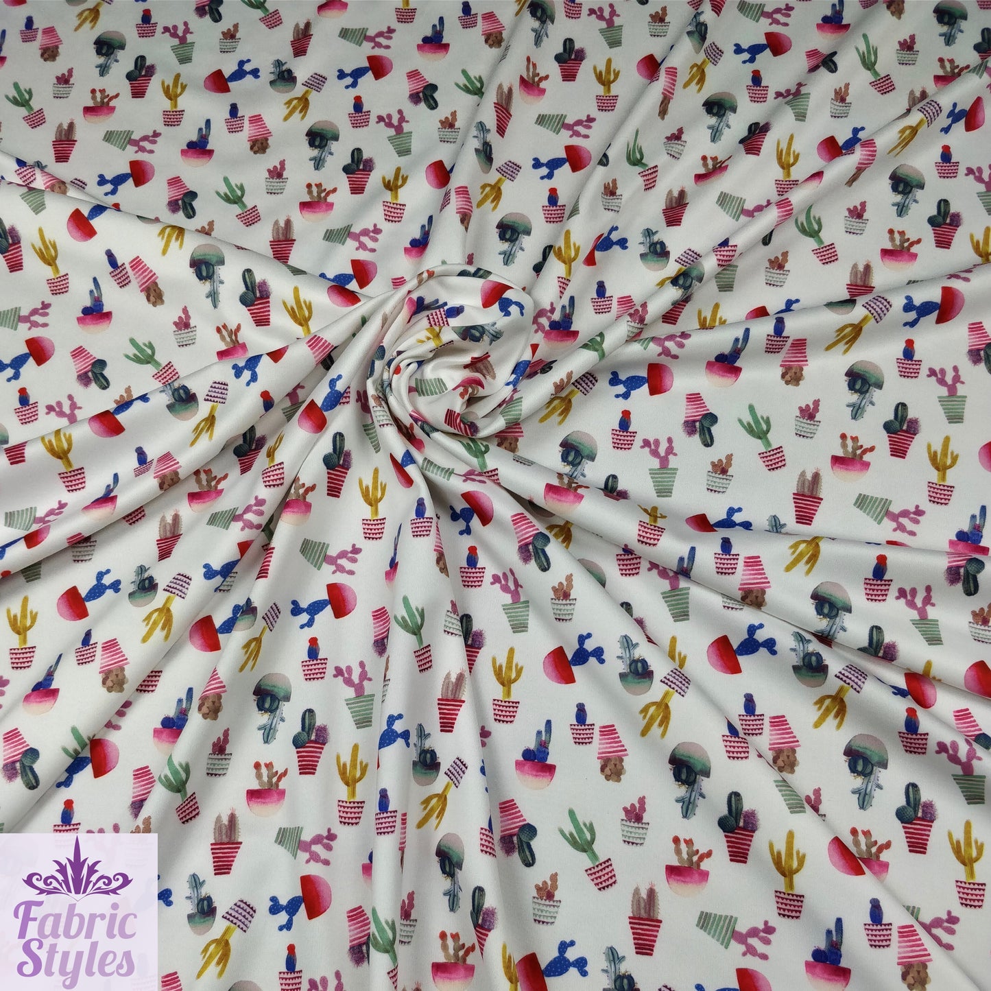 FS096 Cactus Stretch Knit Fabric White | Fabric | cactus, Colourful, drape, Fabric, fashion fabric, floral, Flower, making, Multicolour, Scuba, sewing, Stretchy, White | Fabric Styles