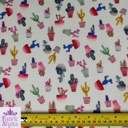 FS096 Cactus Stretch Knit Fabric White | Fabric | cactus, Colourful, drape, Fabric, fashion fabric, floral, Flower, making, Multicolour, Scuba, sewing, Stretchy, White | Fabric Styles