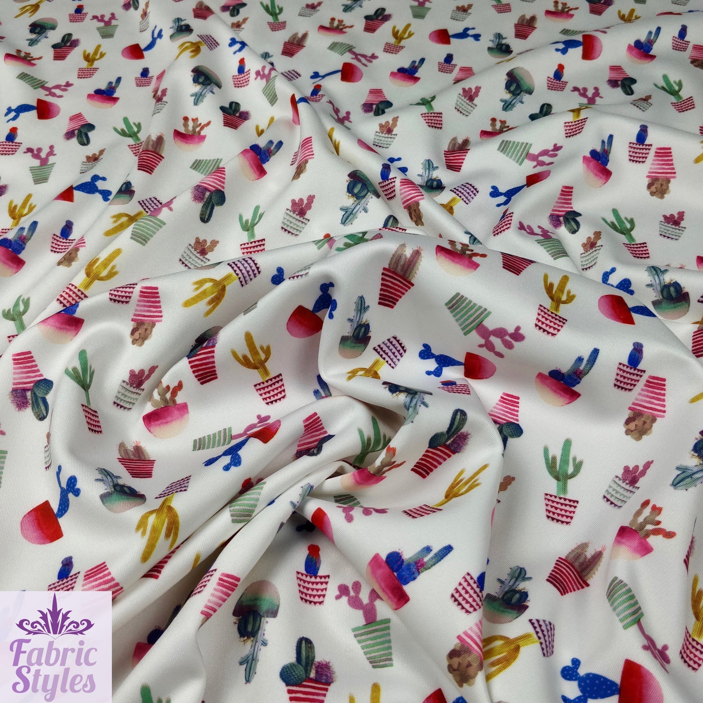 FS096 Cactus Stretch Knit Fabric White | Fabric | cactus, Colourful, drape, Fabric, fashion fabric, floral, Flower, making, Multicolour, Scuba, sewing, Stretchy, White | Fabric Styles