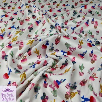 FS096 Cactus Stretch Knit Fabric White | Fabric | cactus, Colourful, drape, Fabric, fashion fabric, floral, Flower, making, Multicolour, Scuba, sewing, Stretchy, White | Fabric Styles