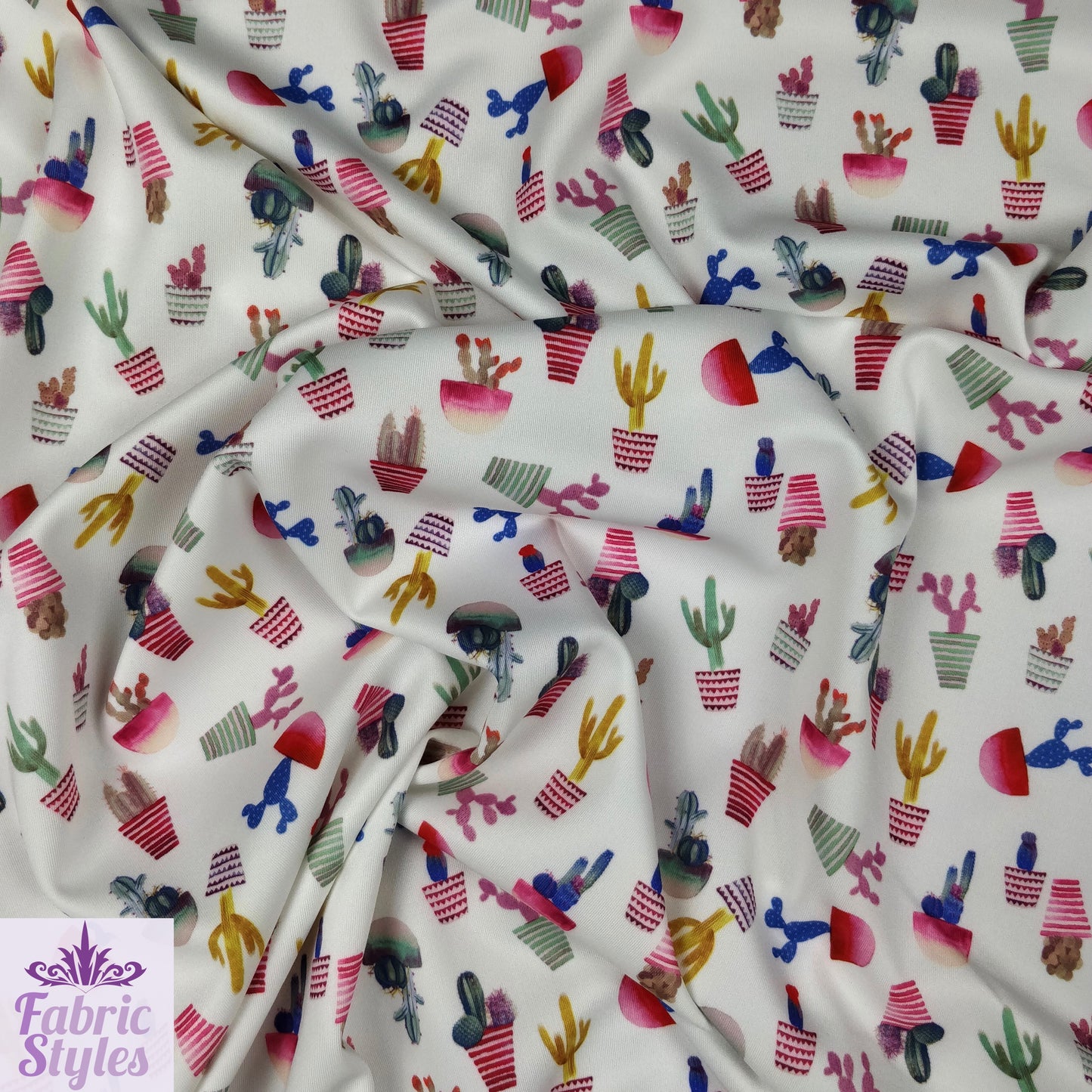 FS096 Cactus Stretch Knit Fabric White | Fabric | cactus, Colourful, drape, Fabric, fashion fabric, floral, Flower, making, Multicolour, Scuba, sewing, Stretchy, White | Fabric Styles