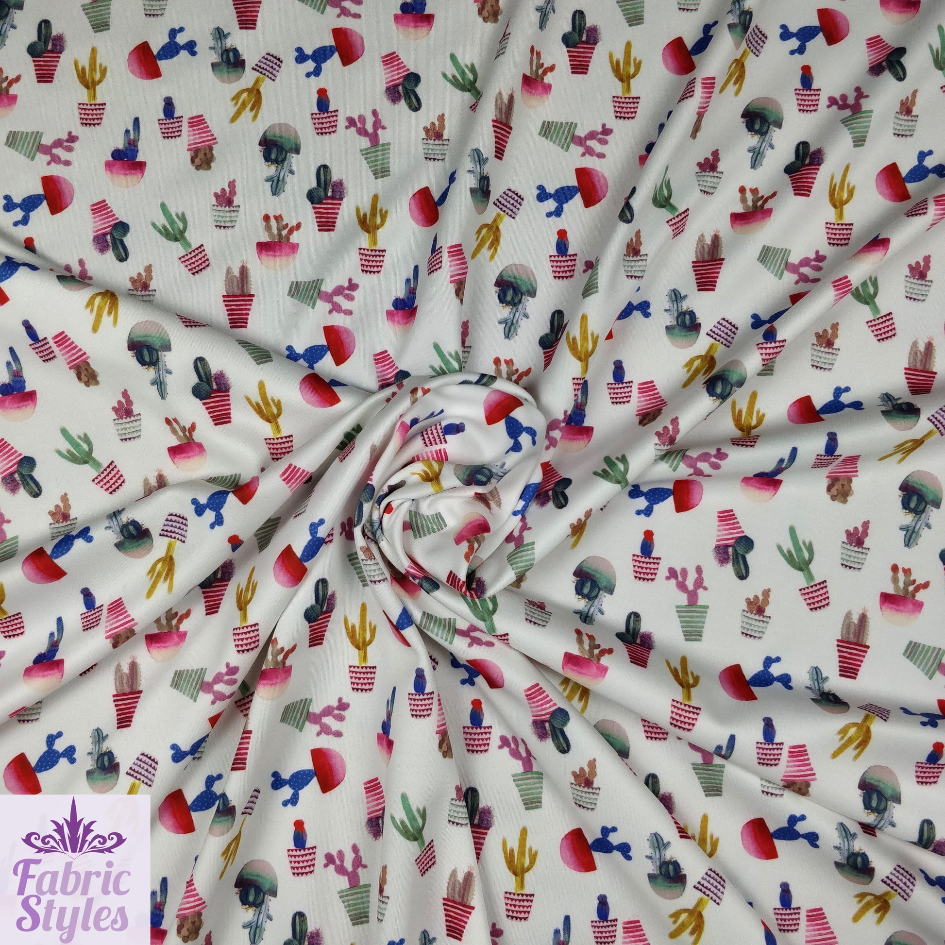 FS096 Cactus Stretch Knit Fabric White | Fabric | cactus, Colourful, drape, Fabric, fashion fabric, floral, Flower, making, Multicolour, Scuba, sewing, Stretchy, White | Fabric Styles