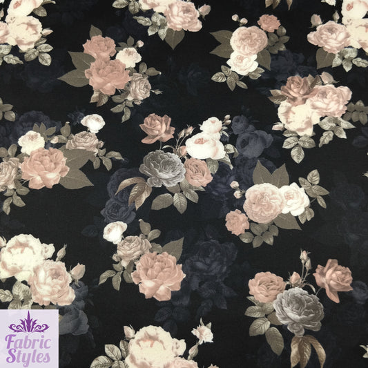 FS099_1 Black Base Floral Stretch Knit Fabric Black | Fabric | black, Fabric, Floral, Flower, jersey, Scuba, Vintage | Fabric Styles