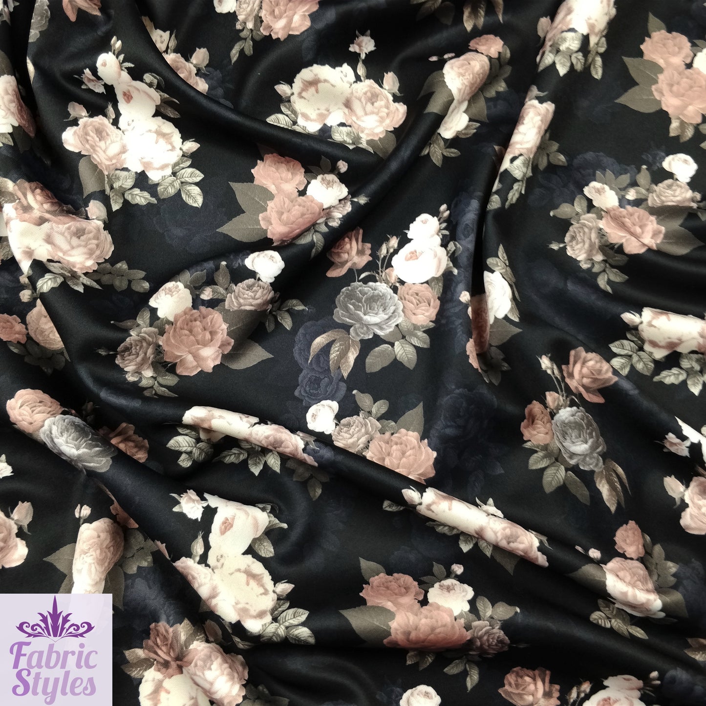 FS099_1 Black Base Floral Stretch Knit Fabric Black | Fabric | black, Fabric, Floral, Flower, jersey, Scuba, Vintage | Fabric Styles