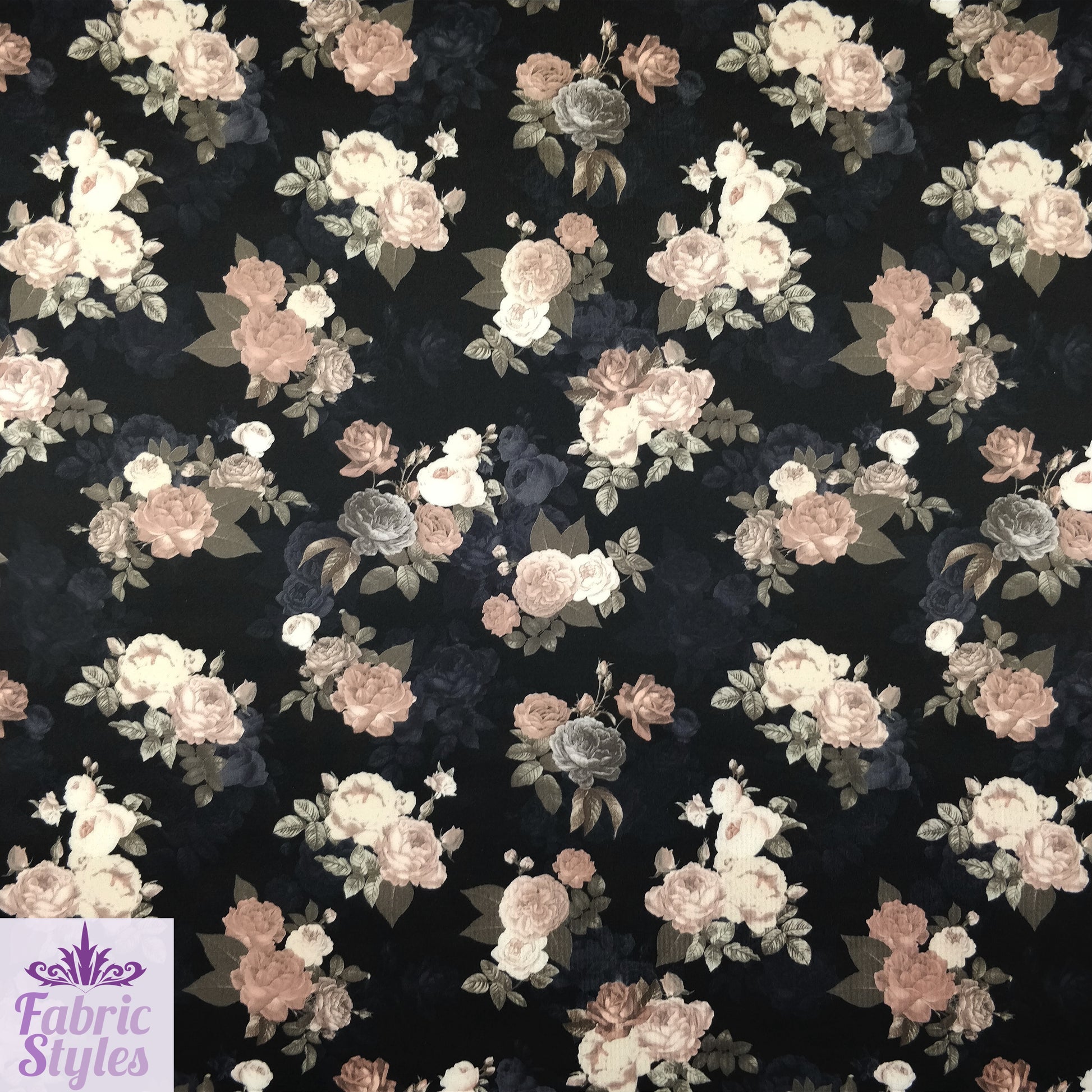 FS099_1 Black Base Floral Stretch Knit Fabric Black | Fabric | black, Fabric, Floral, Flower, jersey, Scuba, Vintage | Fabric Styles