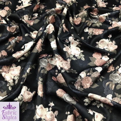 FS099_1 Black Base Floral Stretch Knit Fabric Black | Fabric | black, Fabric, Floral, Flower, jersey, Scuba, Vintage | Fabric Styles