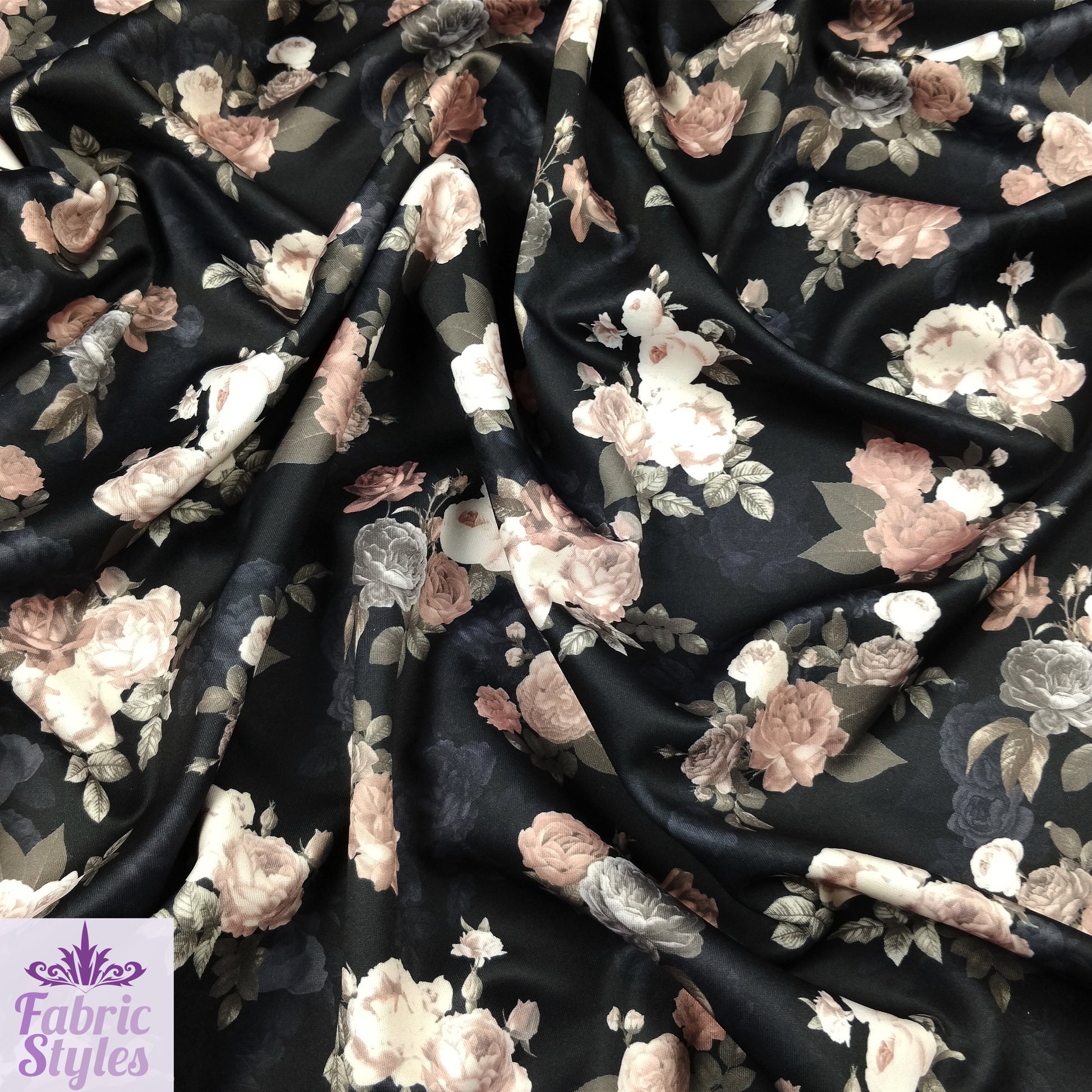 FS099_1 Black Base Floral Stretch Knit Fabric Black | Fabric | black, Fabric, Floral, Flower, jersey, Scuba, Vintage | Fabric Styles