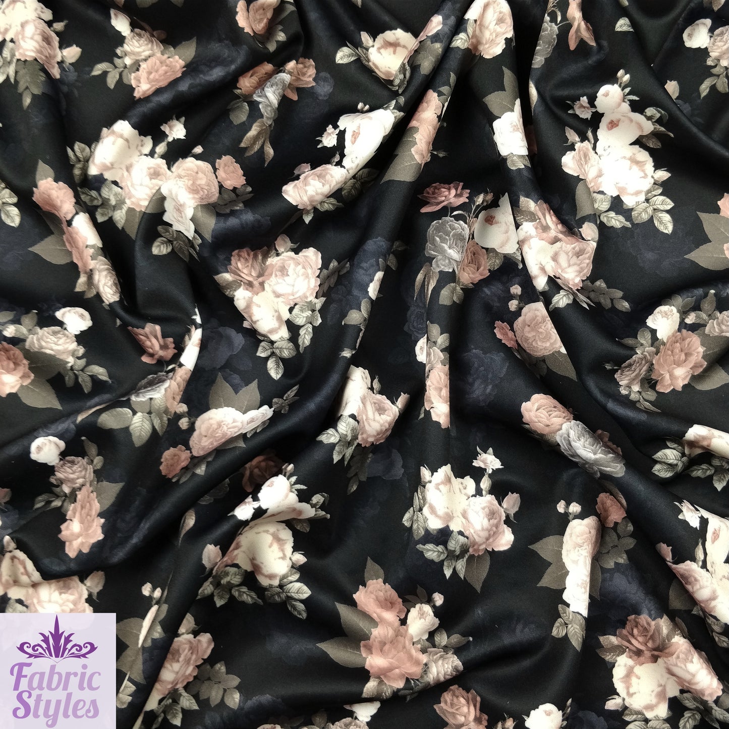 FS099_1 Black Base Floral Stretch Knit Fabric Black | Fabric | black, Fabric, Floral, Flower, jersey, Scuba, Vintage | Fabric Styles