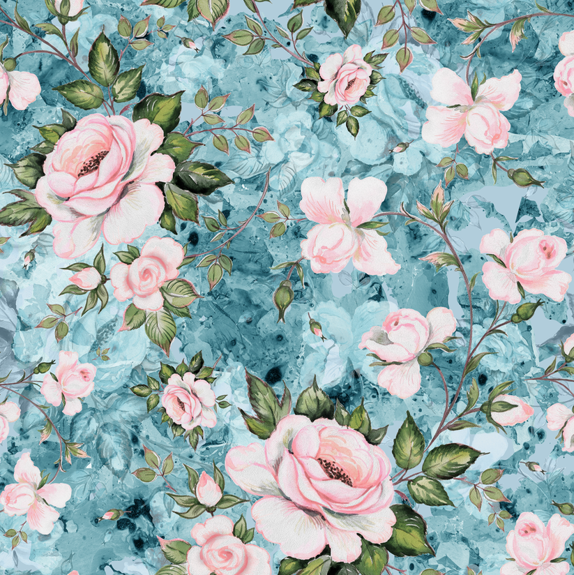 FS1001 Rose Palace Scuba Stretch Knit Fabric Blue | Fabric | blue, fabric, floral, pink rose, scuba, watercolour | Fabric Styles