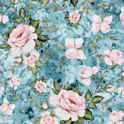 FS1001 Rose Palace Scuba Stretch Knit Fabric Blue | Fabric | blue, fabric, floral, pink rose, scuba, watercolour | Fabric Styles