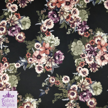 FS100_1 Floral Print Valentino Stretch Knit Fabric Black | Fabric | black, Fabric, Floral, Flower, jersey, limited, sale, Valentino crepe | Fabric Styles