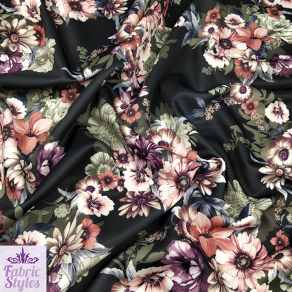 FS100_1 Floral Print Valentino Stretch Knit Fabric Black | Fabric | black, Fabric, Floral, Flower, jersey, limited, sale, Valentino crepe | Fabric Styles