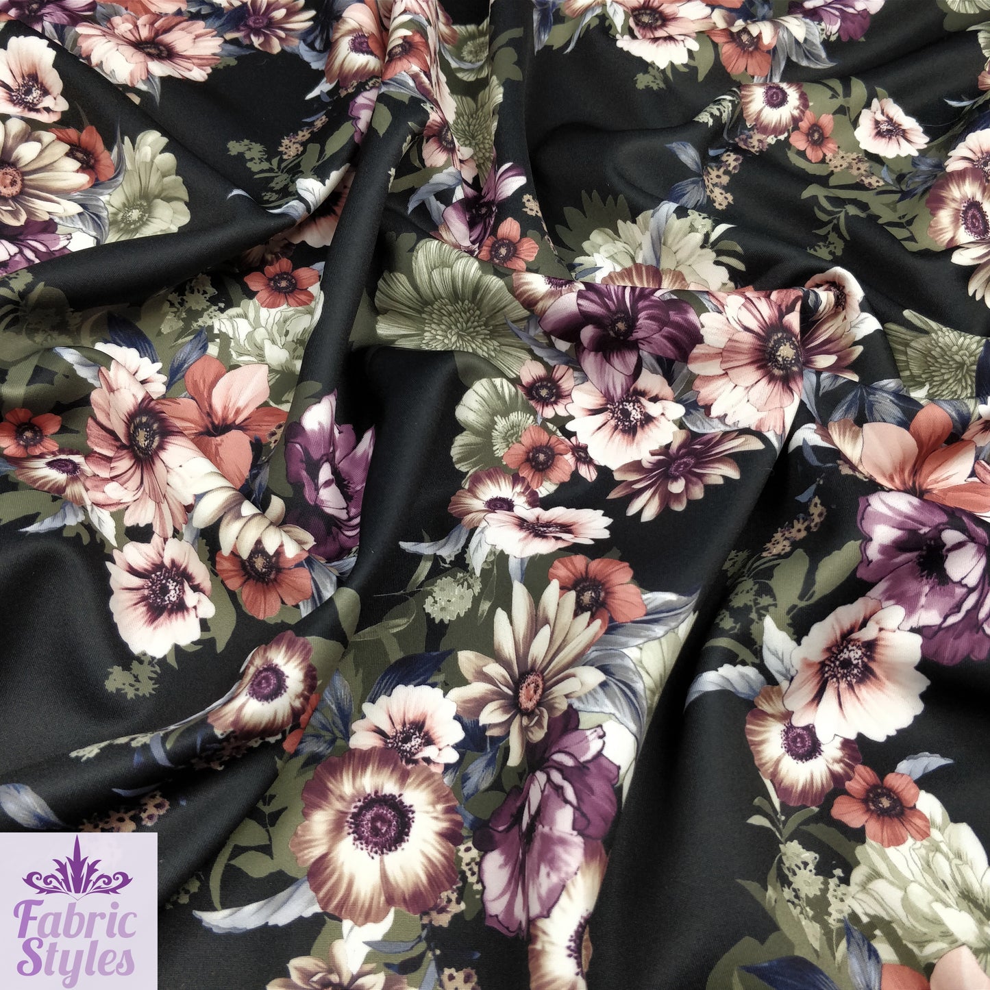 FS100_1 Floral Print Valentino Stretch Knit Fabric Black | Fabric | black, Fabric, Floral, Flower, jersey, limited, sale, Valentino crepe | Fabric Styles