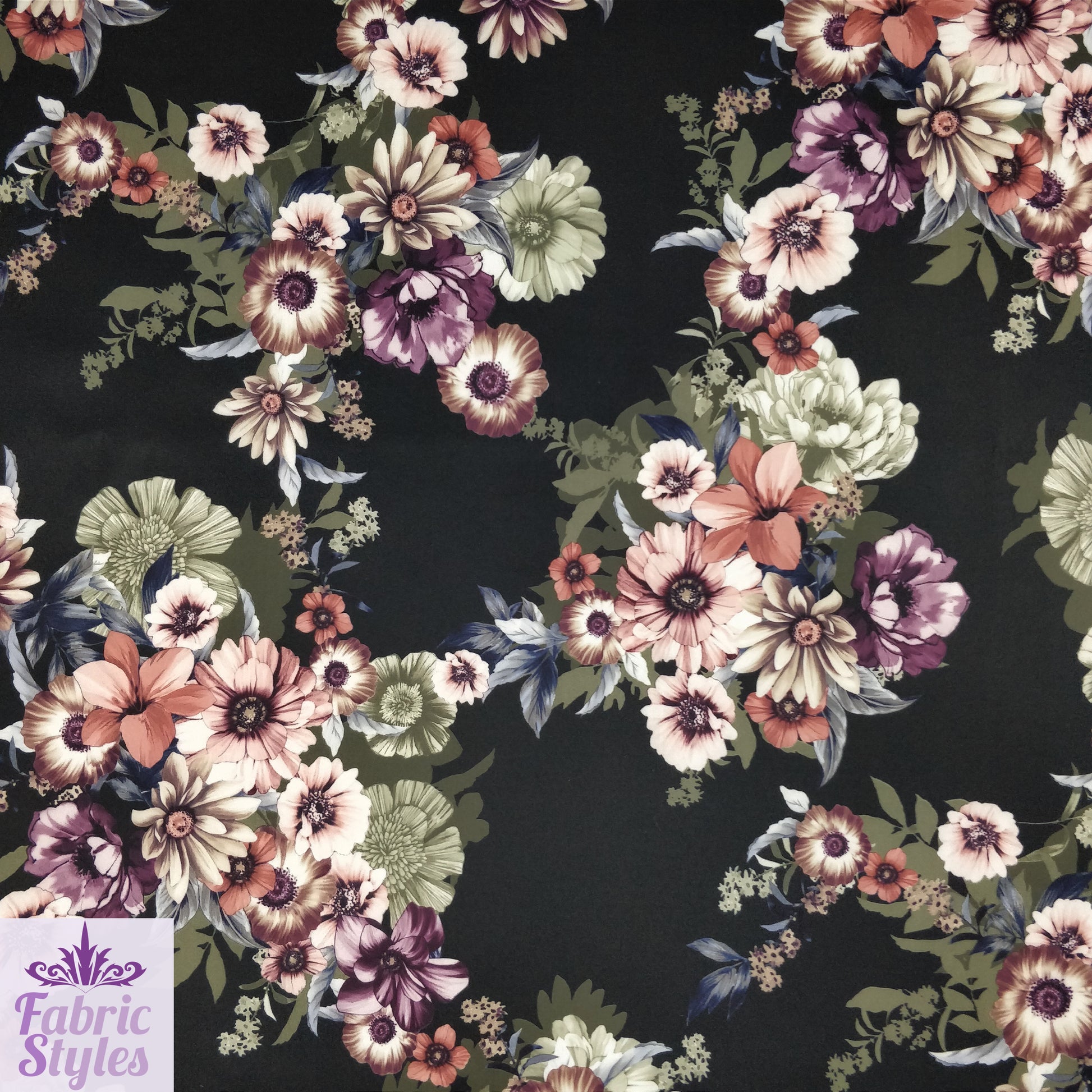 FS100_1 Floral Print Valentino Stretch Knit Fabric Black | Fabric | black, Fabric, Floral, Flower, jersey, limited, sale, Valentino crepe | Fabric Styles