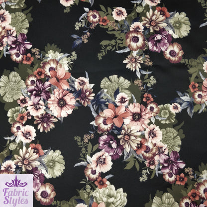 FS100_1 Floral Print Valentino Stretch Knit Fabric Black | Fabric | black, Fabric, Floral, Flower, jersey, limited, sale, Valentino crepe | Fabric Styles