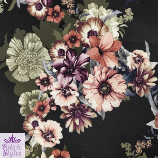 FS100_1 Floral Print Valentino Stretch Knit Fabric Black | Fabric | black, Fabric, Floral, Flower, jersey, limited, sale, Valentino crepe | Fabric Styles