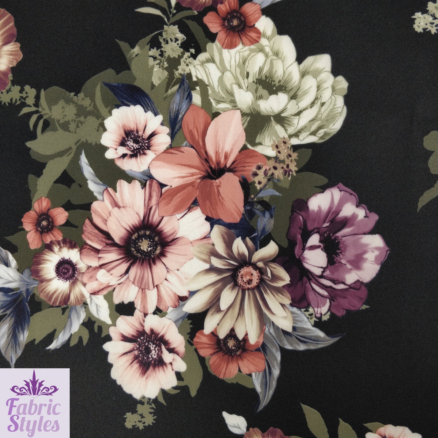 FS100_1 Floral Print Valentino Stretch Knit Fabric Black | Fabric | black, Fabric, Floral, Flower, jersey, limited, sale, Valentino crepe | Fabric Styles